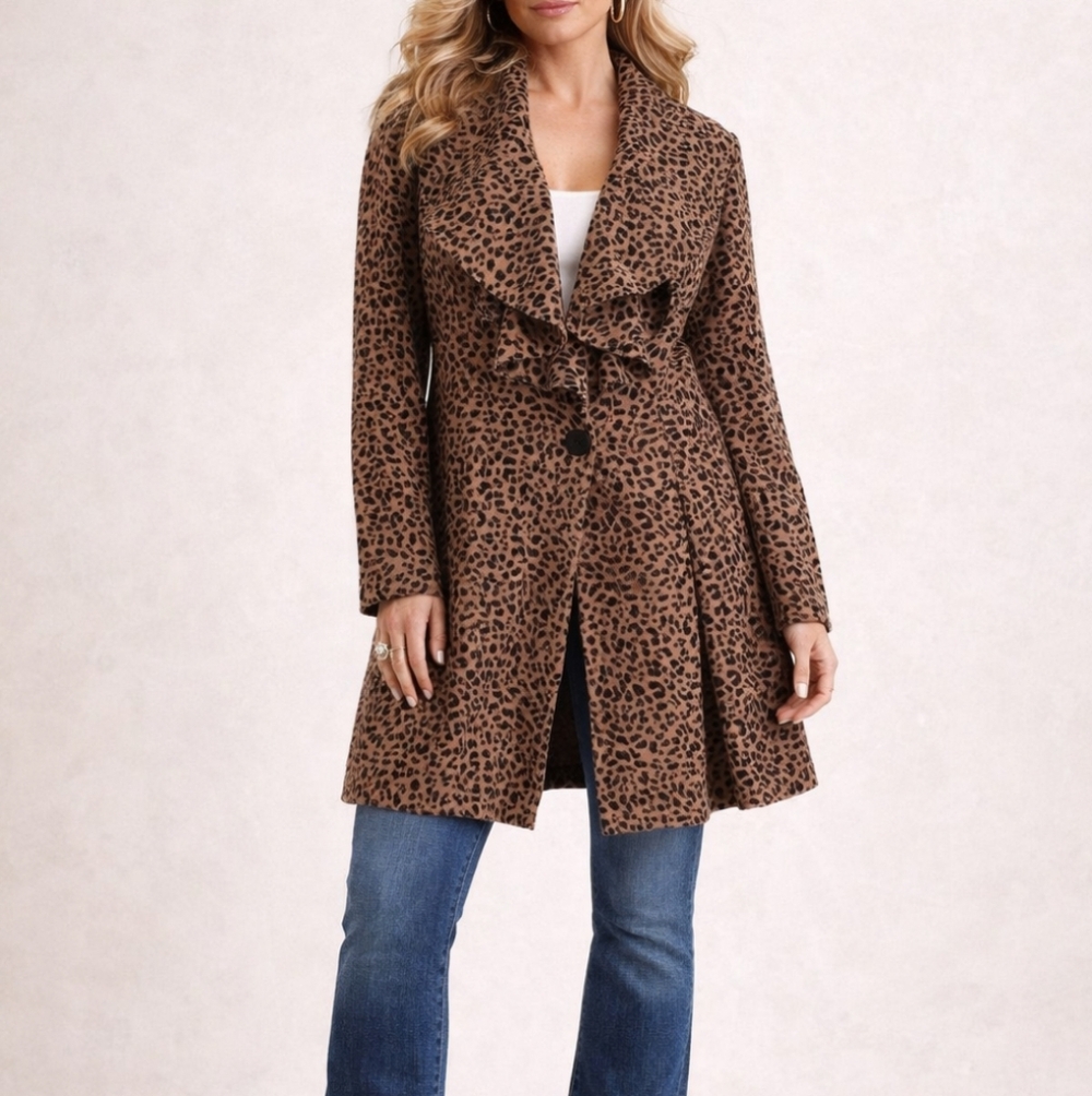 Animal Print Tan Jaguar Ruffle Button Up Duster Black Jacket Small